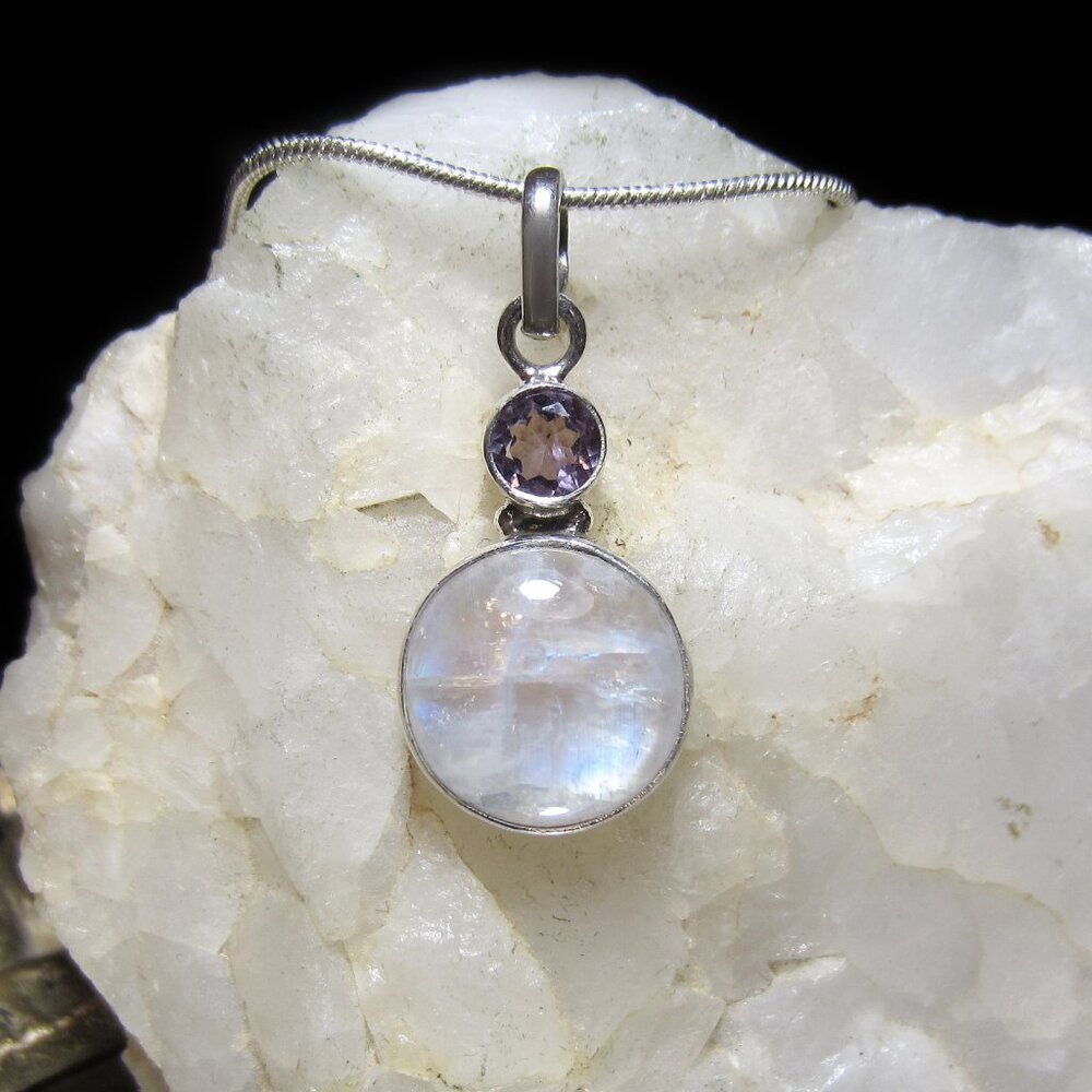 Rainbow Moonstone & Amethyst Sterling Silver Pendant | Genuine 925 Jewelry Gift